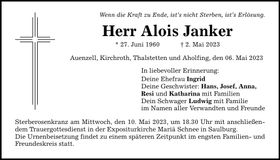 Traueranzeige Alois Janker