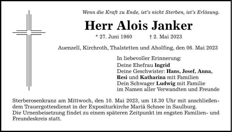 Traueranzeige Alois Janker