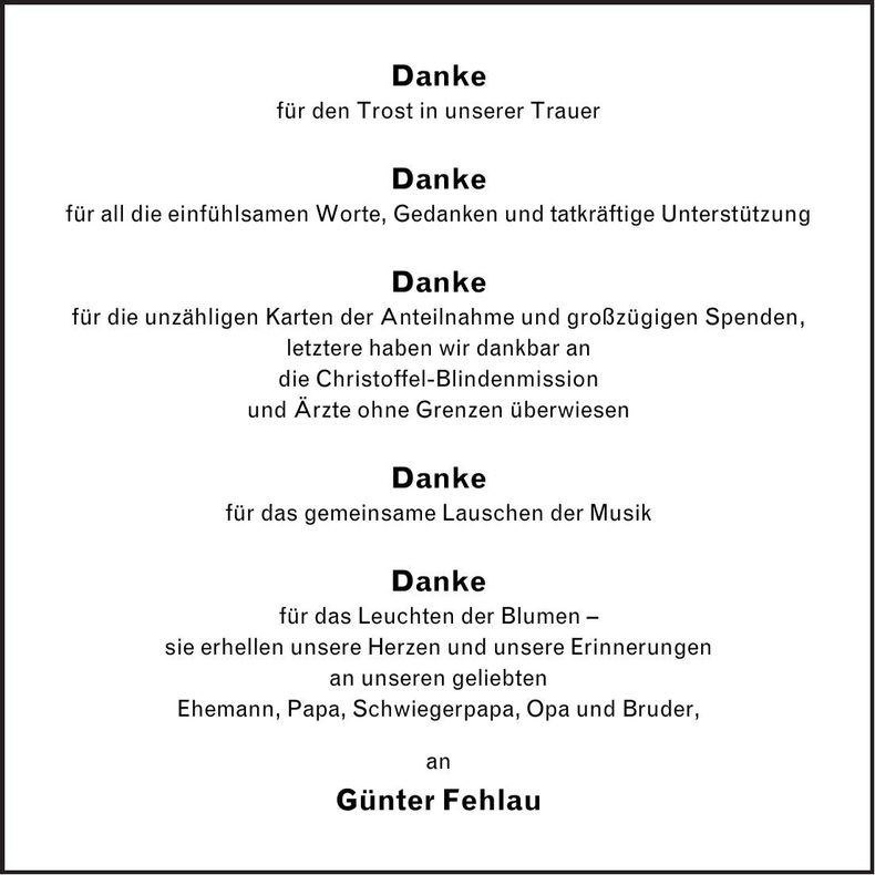 Traueranzeige Günter Fehlau