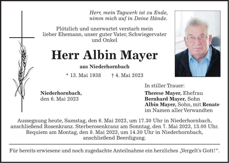 Traueranzeige Albin Mayer