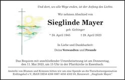 Traueranzeige Sieglinde Mayer
