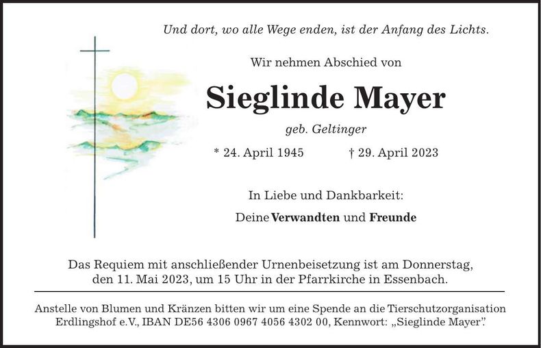 Traueranzeige Sieglinde Mayer