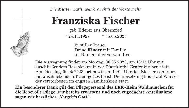 Traueranzeige Franziska Fischer