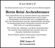 Traueranzeige Reini Aschenbrenner