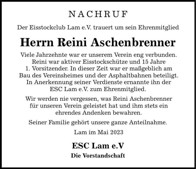 Traueranzeige Reini Aschenbrenner