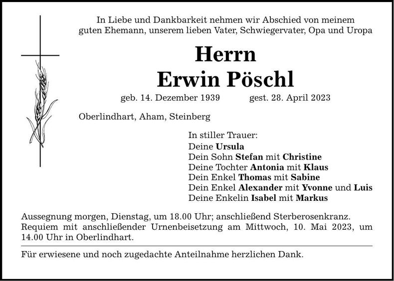 Traueranzeige Erwin Pöschl