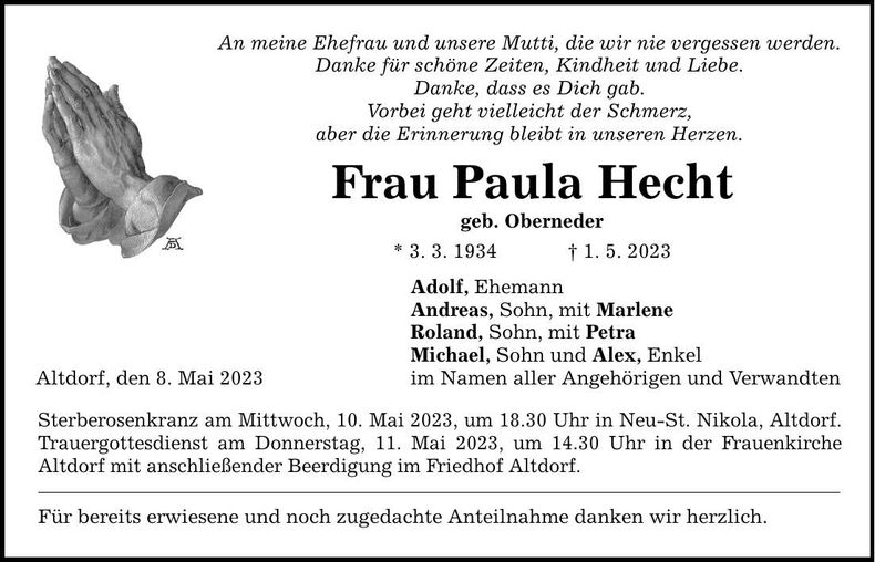 Traueranzeige Paula Hecht