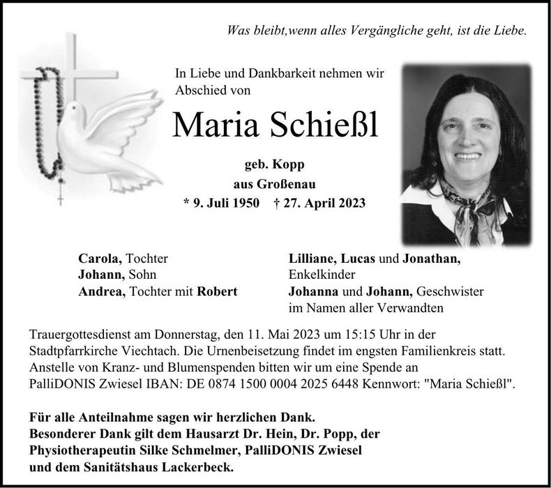 Traueranzeige Maria Schießl