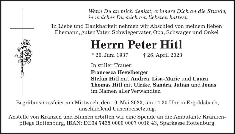 Traueranzeige Peter Hitl