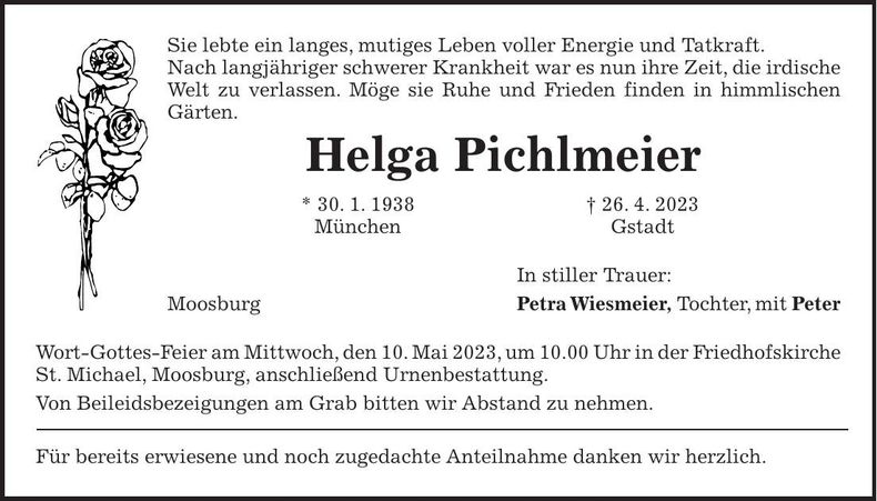 Traueranzeige Helga Pichlmeier