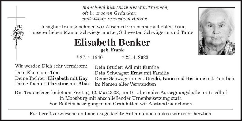 Traueranzeige Elisabeth Benker