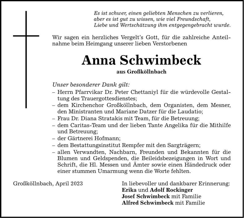 Traueranzeige Anna Schwimbeck