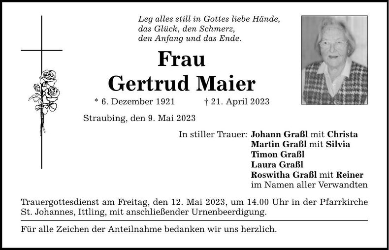 Traueranzeige Gertrud Maier