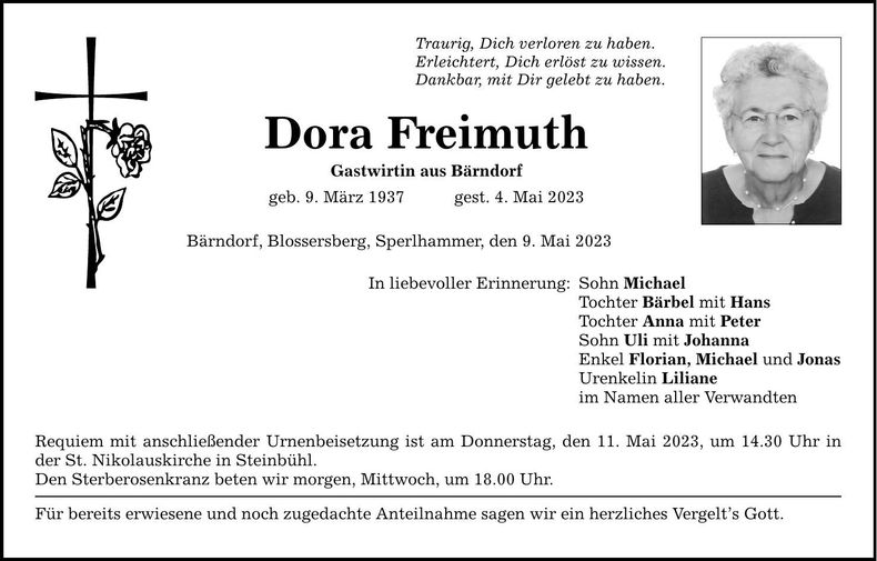 Traueranzeige Dora Freimuth