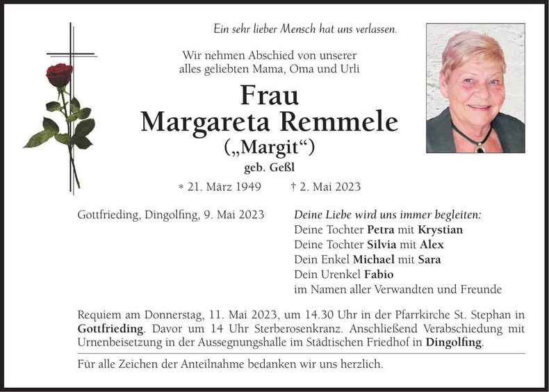Traueranzeige Margareta Remmele