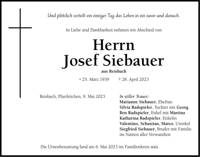 Traueranzeige Josef Siebauer
