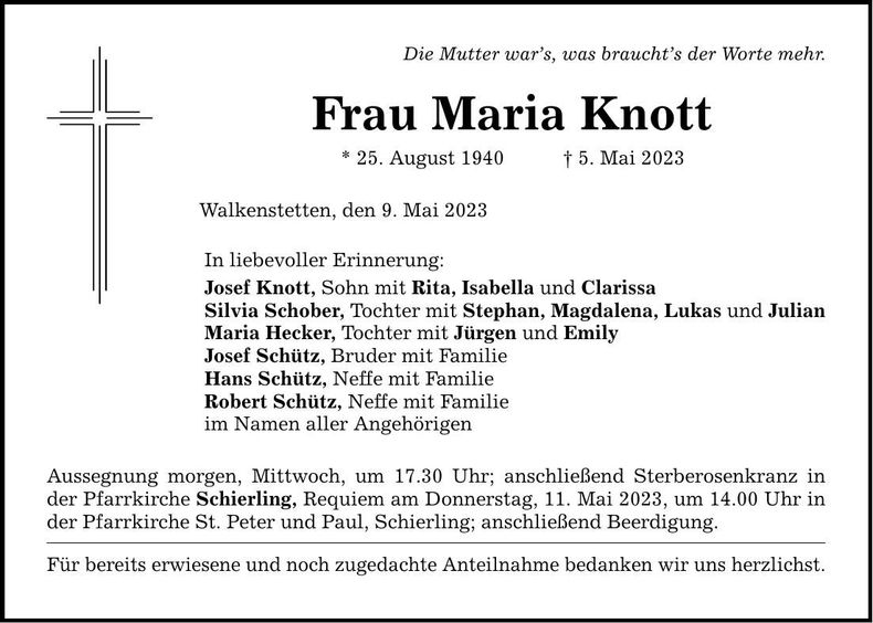 Traueranzeige Maria Knott