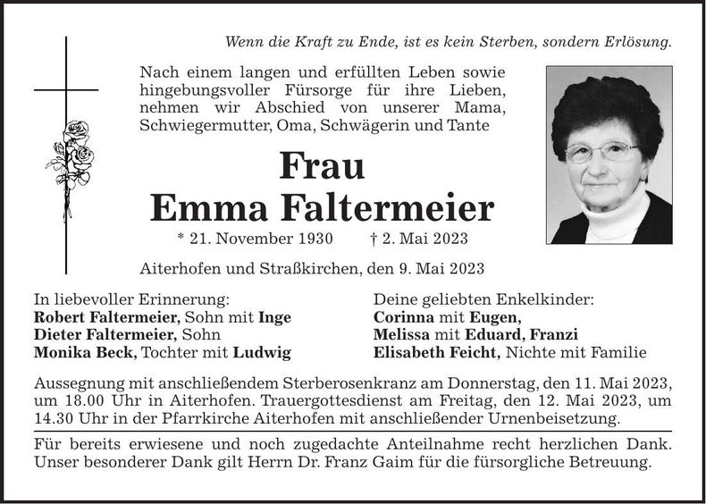 Traueranzeige Emma Faltermeier