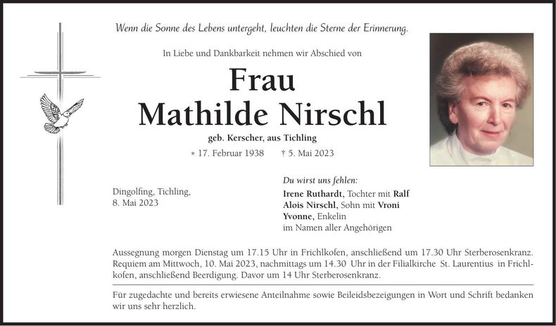 Traueranzeige Mathilde Nirschl