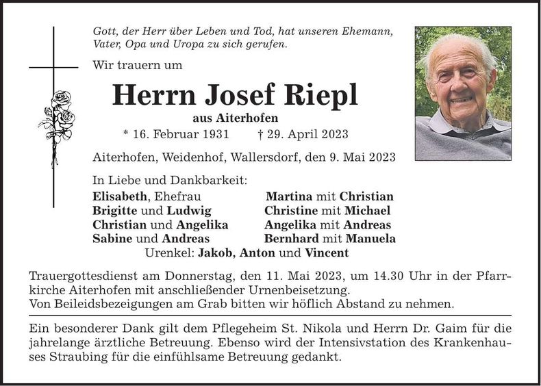 Traueranzeige Josef Riepl