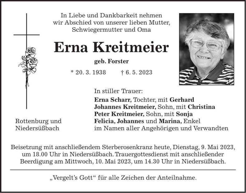 Traueranzeige Erna Kreitmeier