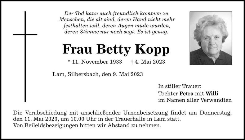 Traueranzeige Betty Kopp