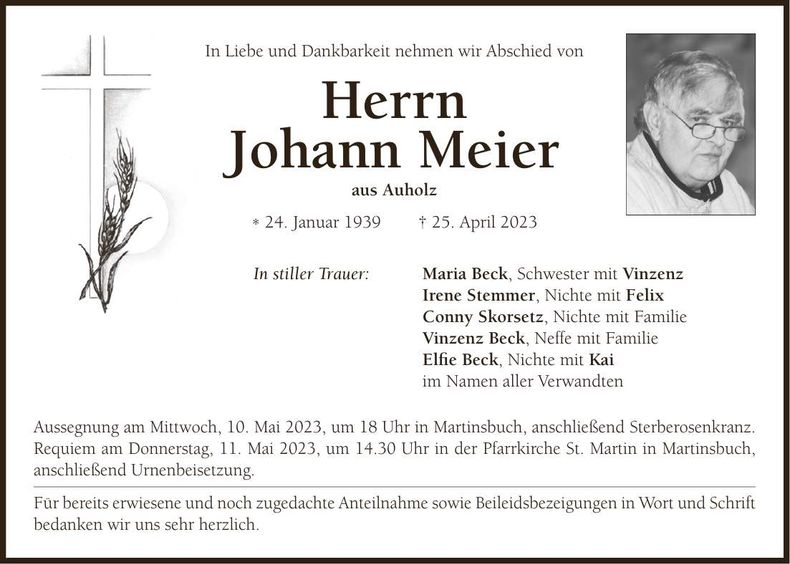Traueranzeige Johann Meier