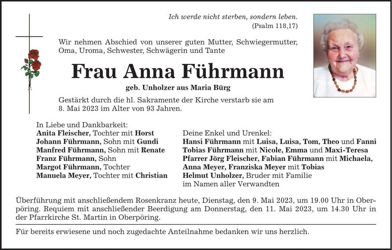 Traueranzeige Anna Führmann