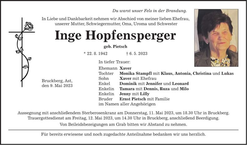 Traueranzeige Inge Hopfensperger