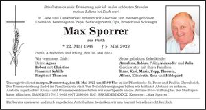 Traueranzeige Maximilian Sporrer
