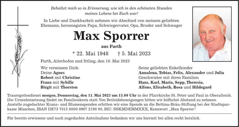 Traueranzeige Maximilian Sporrer