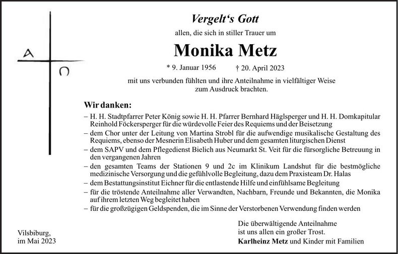 Traueranzeige Monika Metz