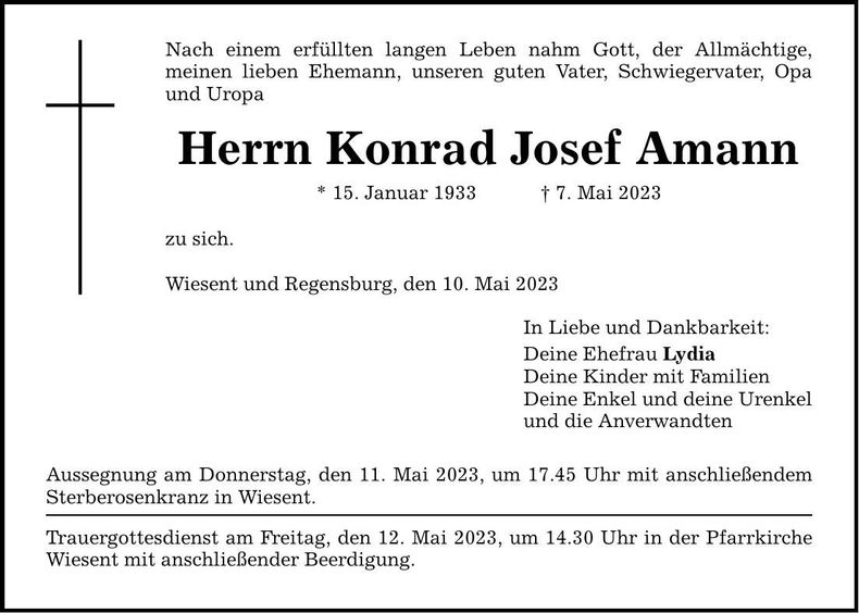 Traueranzeige Konrad Josef Amann