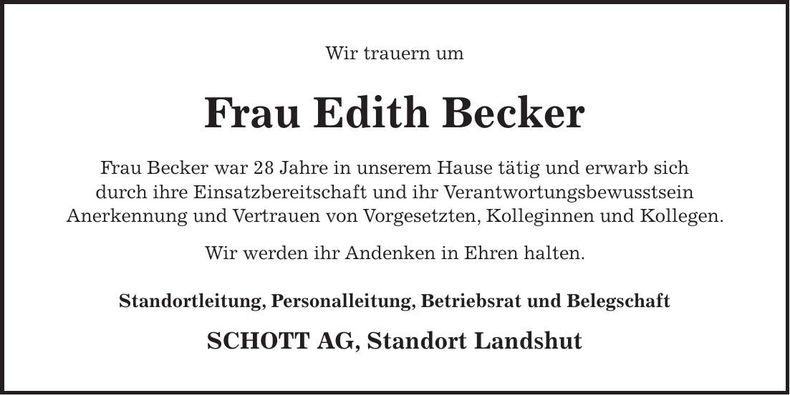 Traueranzeige Edith Becker