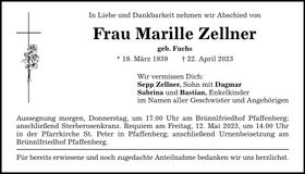 Traueranzeige Marille Zellner