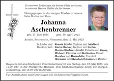 Traueranzeige Johanna Aschenbrenner