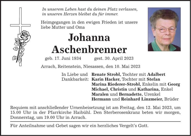 Traueranzeige Johanna Aschenbrenner