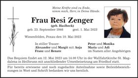 Traueranzeige Resi Zenger