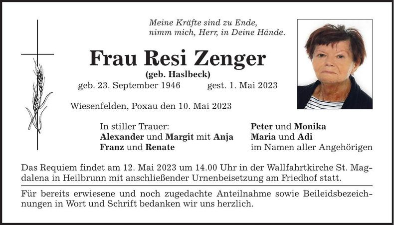 Traueranzeige Resi Zenger