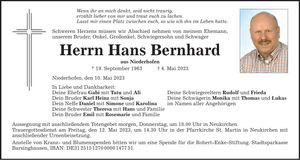 Traueranzeige Hans Bernhard
