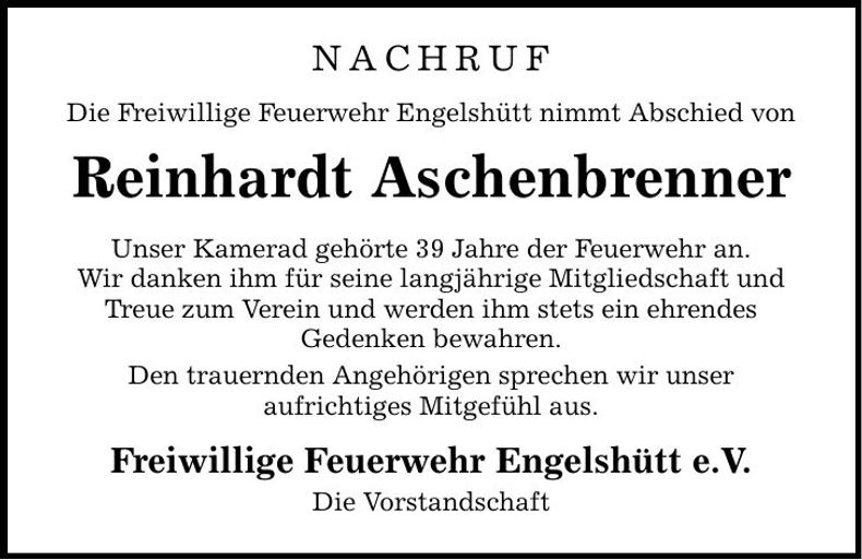 Traueranzeige Reinhardt Aschenbrenner