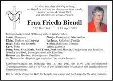 Traueranzeige Frieda Biendl