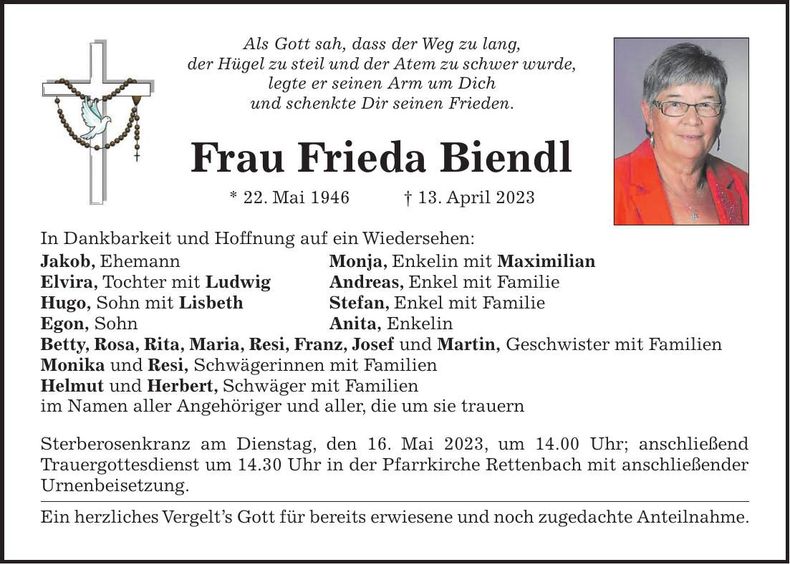 Traueranzeige Frieda Biendl