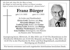 Traueranzeige Franz Bürger