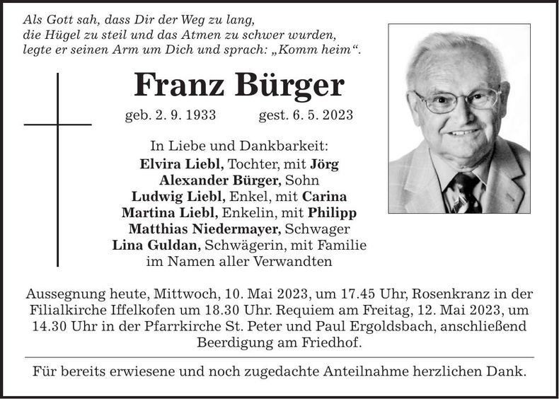Traueranzeige Franz Bürger