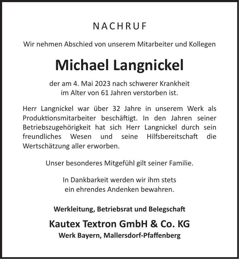 Traueranzeige Michael Langnickel