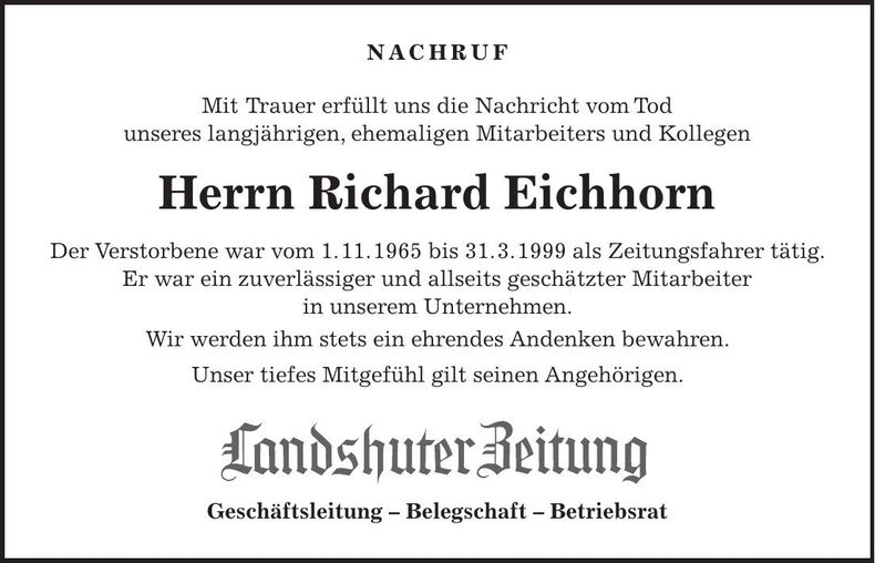 Traueranzeige Richard Eichhorn