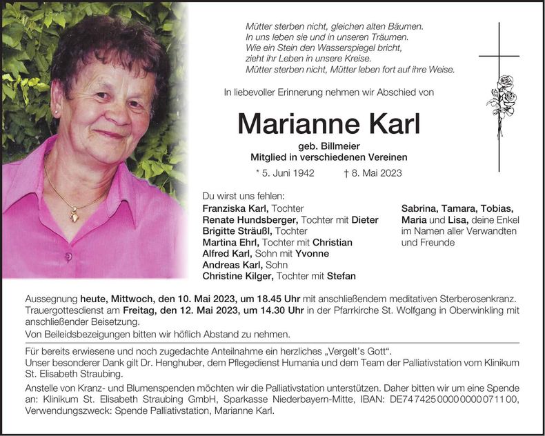 Traueranzeige Marianne Karl