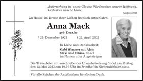 Traueranzeige Anna Mack