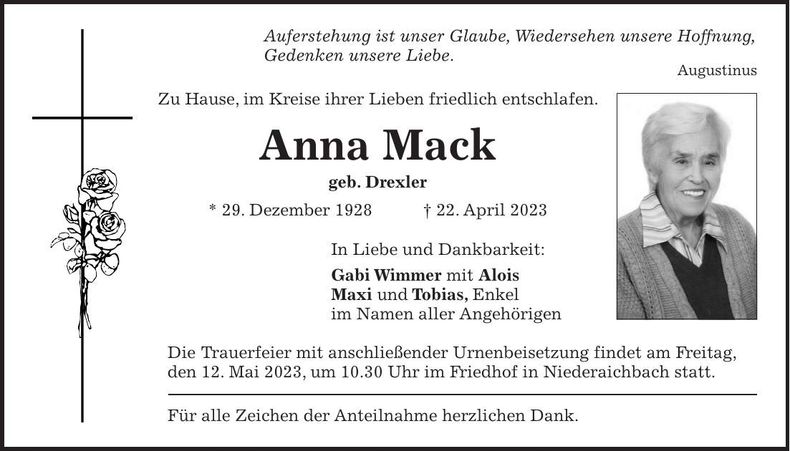 Traueranzeige Anna Mack